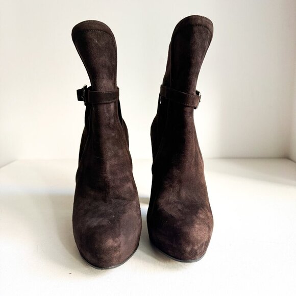 Prada Chocolate Brown Suede Classic Stacked Heel Booties 39.5 - Picture 10 of 11